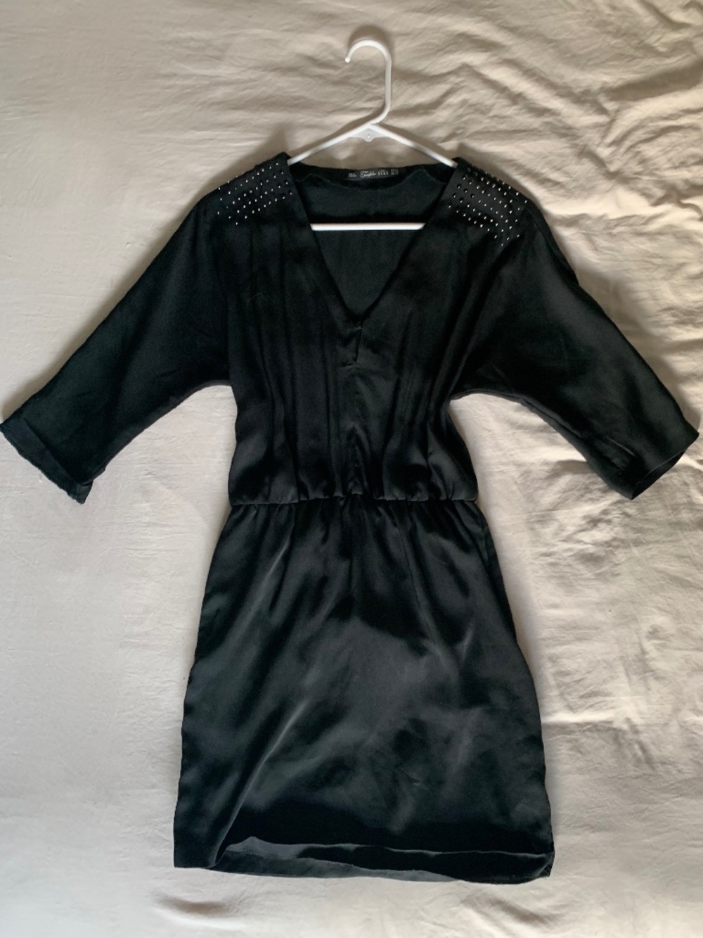 Zara Trafaluc Black Satin Studded Shoulder Dress XS V-Neck Dolman Sleeve